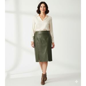Worth New York Fern Green Leather Midi Skirt Seamed Slim Luxe Minimalist Sz 10
